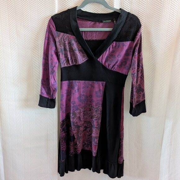 Tricotto Patchwork Paisley Dress Black Purple Mesh Detail Small Art to wear Y2K - Picture 6 of 13